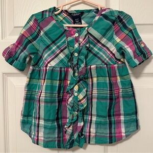 Chaps Plaid Ruffle Front Button-Down Blouse Shirt Top - Girls size 3/3T EUC